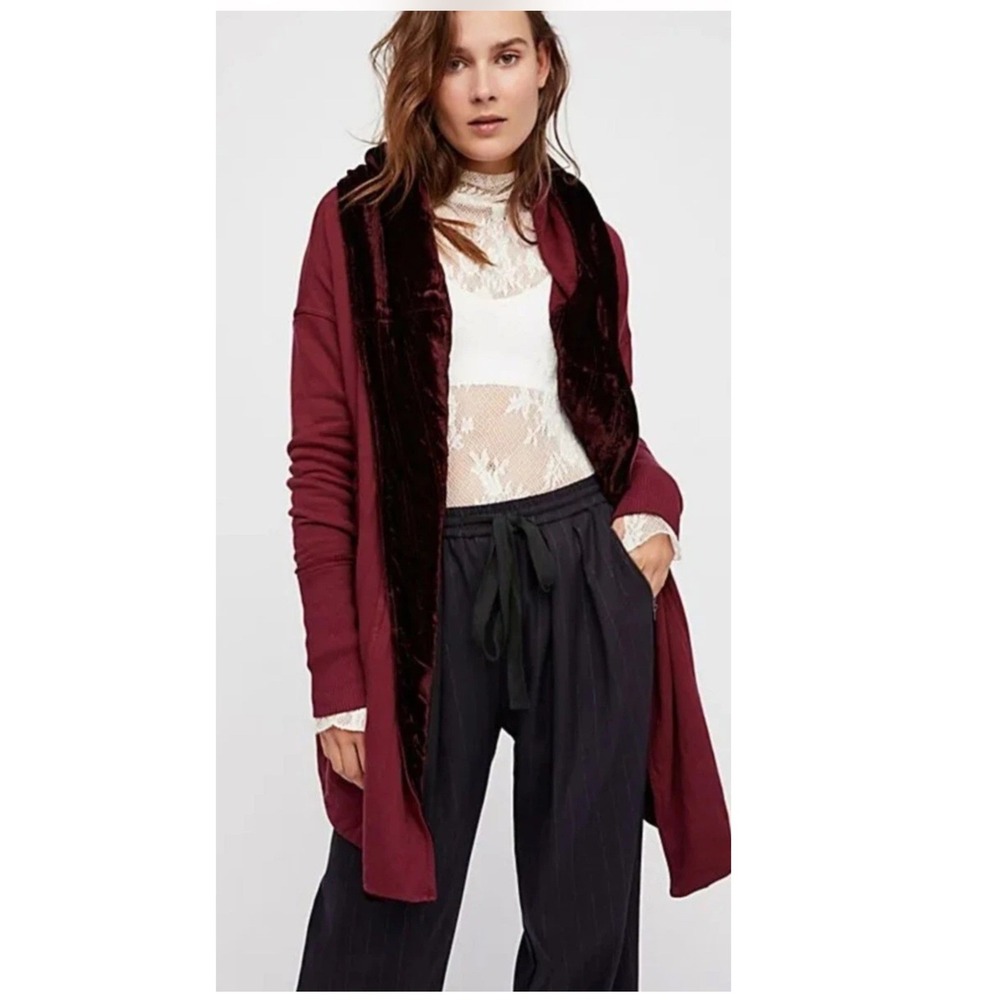 Free People Westwood Cardigan Size S Burgundy‎ Velvet Trim Cloak Hood Dark Berry